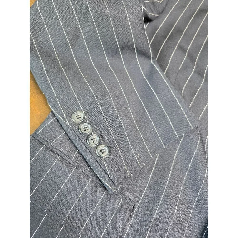 Mens Black Pinstripe Blazer 38S Wool Feel By Burnei Hand Tailored - Picture 11 of 16